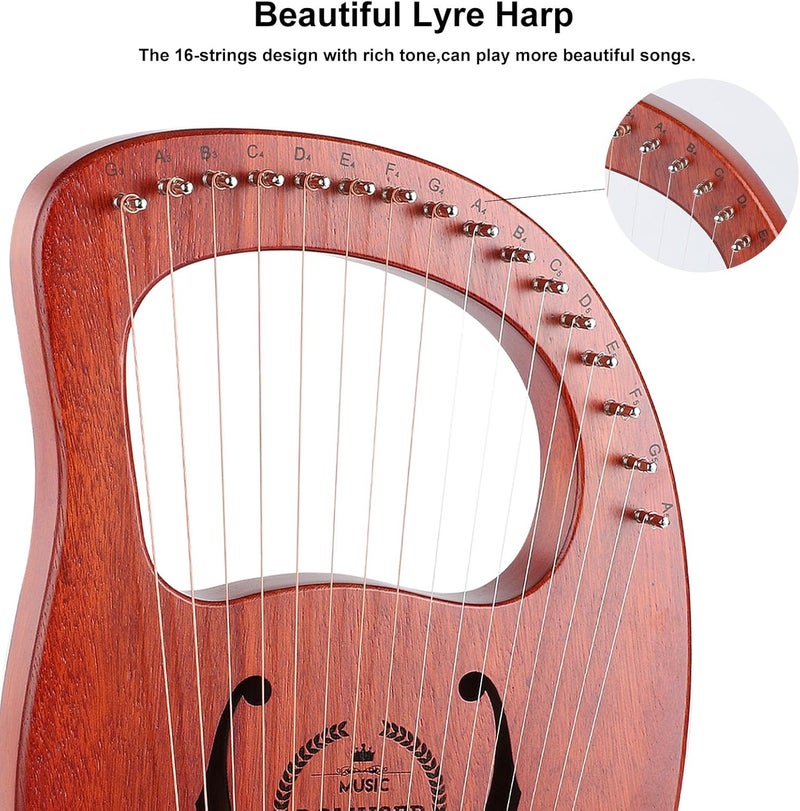 BGMUSER Lyre Harp 16 Metal Strings,Mahogany Body and Copper Saddle,Professional Mini Harp Instrument Gift with Bag,Tuning Wrench,Spare Strings - Image 3